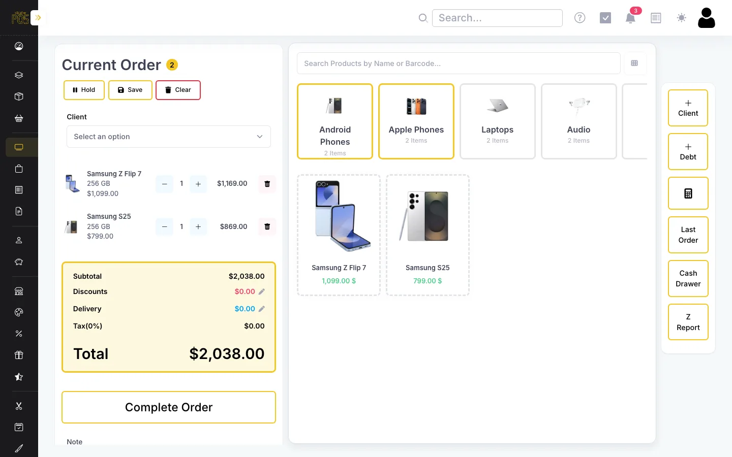 YellowPOS checkout with phones and accessories
