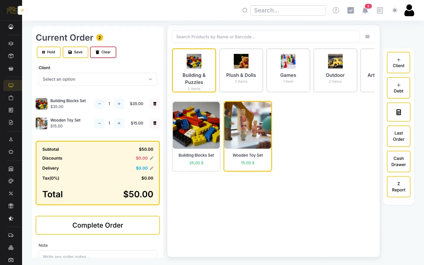 YellowPOS checkout with toys in the cart